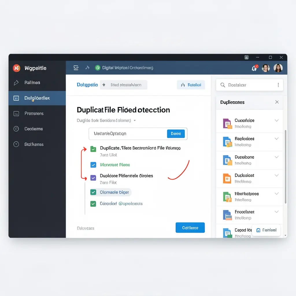 Digital workspace showing duplicate file detection process